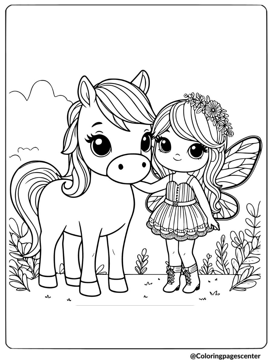 Cute horse with fairy friend coloring page