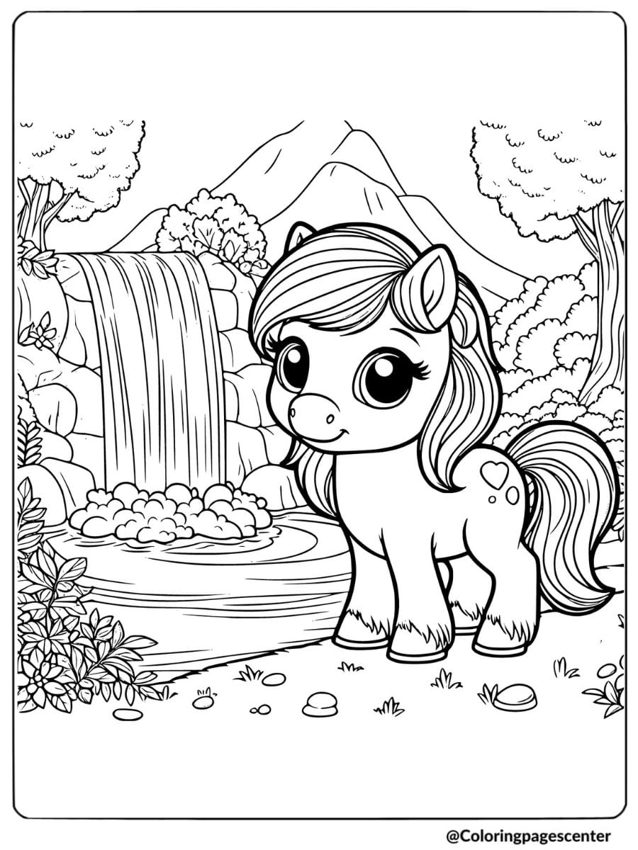 Cute horse near waterfall coloring page