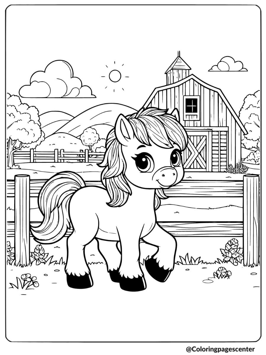 Cute horse walking on farm coloring page