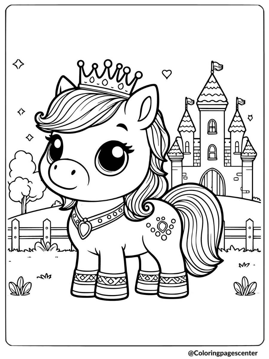 Cute horse with crown at castle coloring page