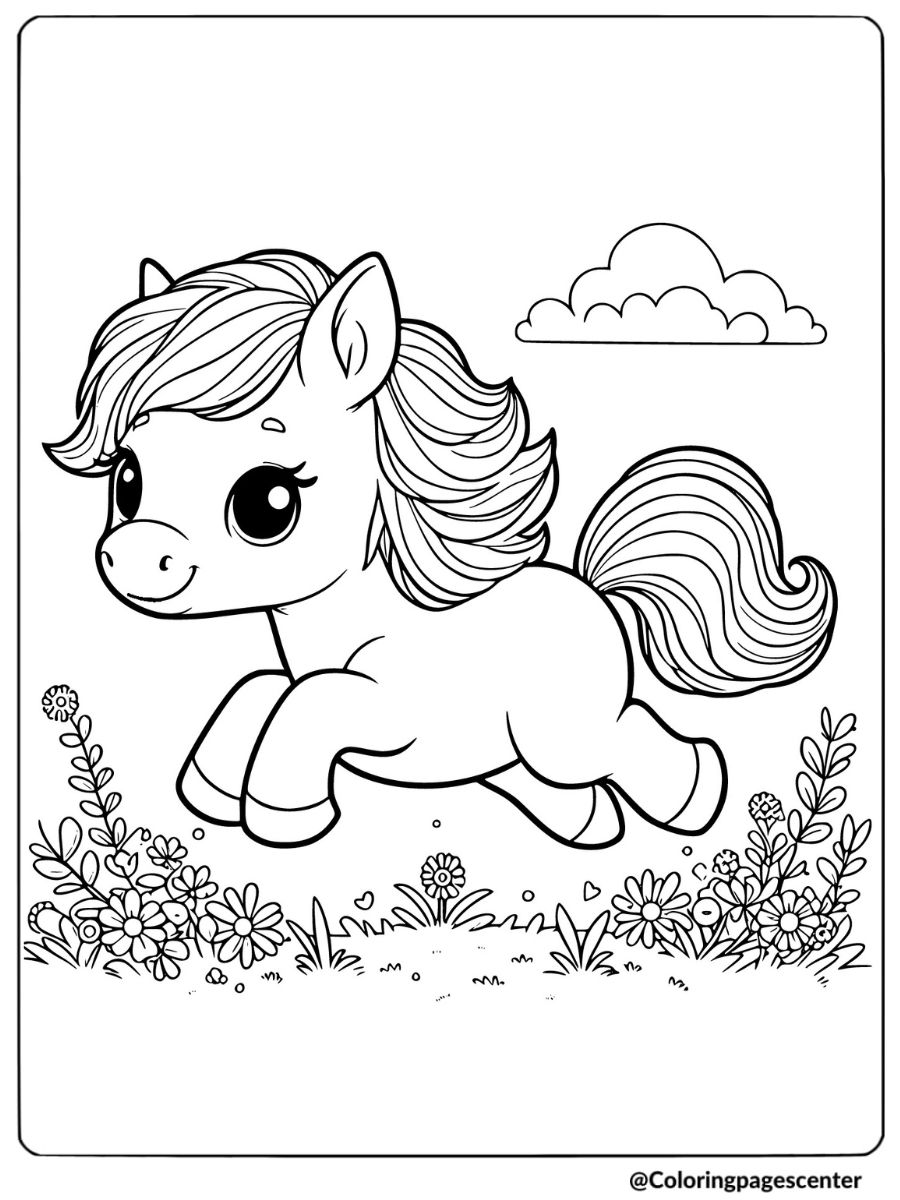 Cute horse running in field coloring page