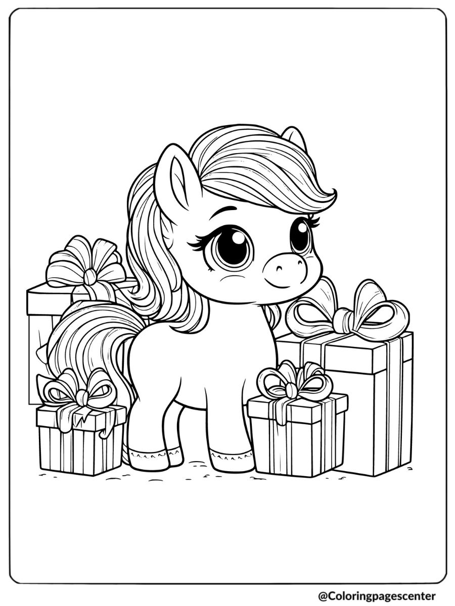 Cute horse and presents coloring page