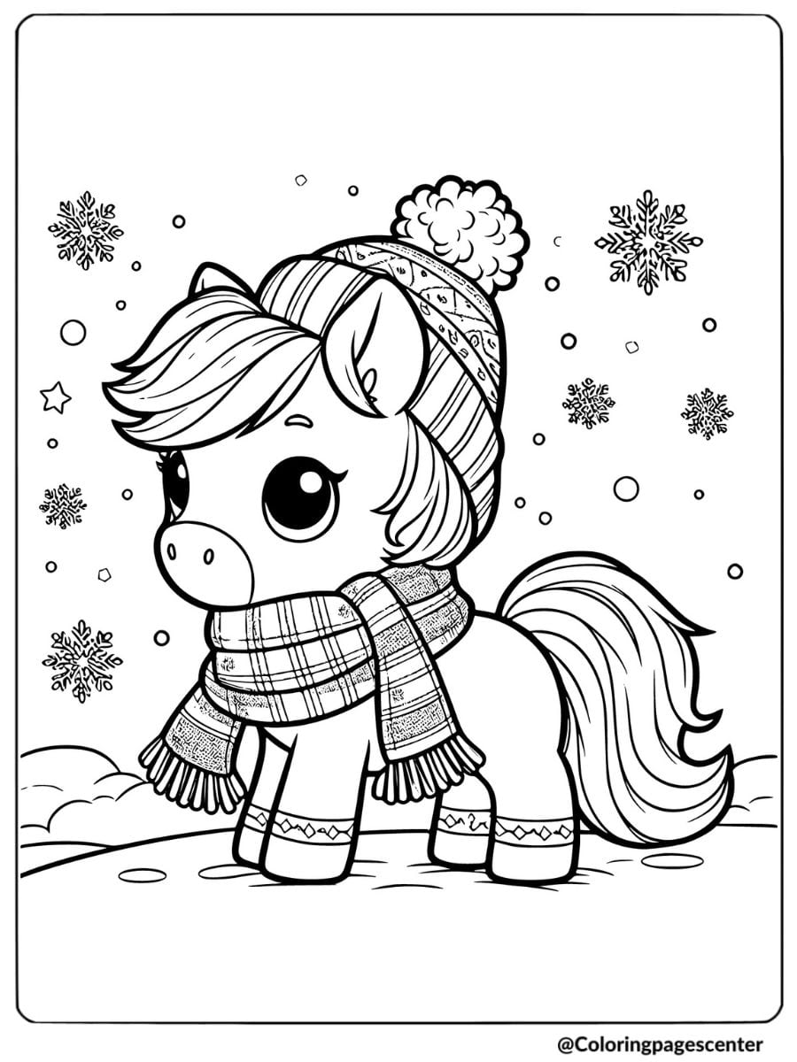 Cute horse in winter scarf and hat coloring page