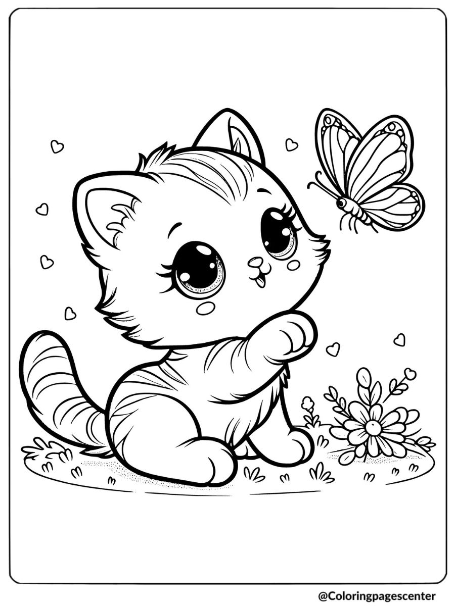 Cute kitty with butterfly coloring page