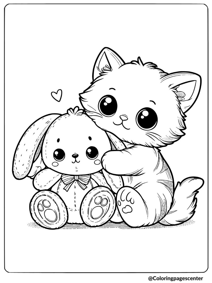 Cute kitty holding bunny coloring page