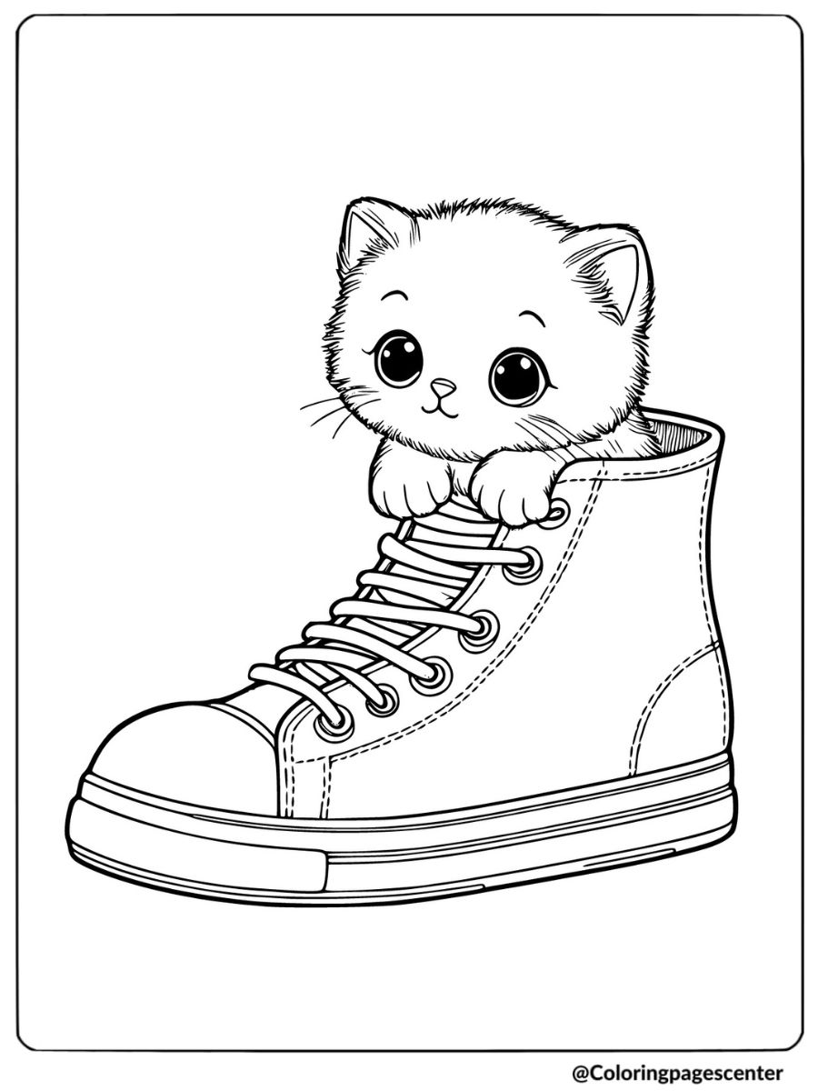 Cute kitty inside a shoe coloring page