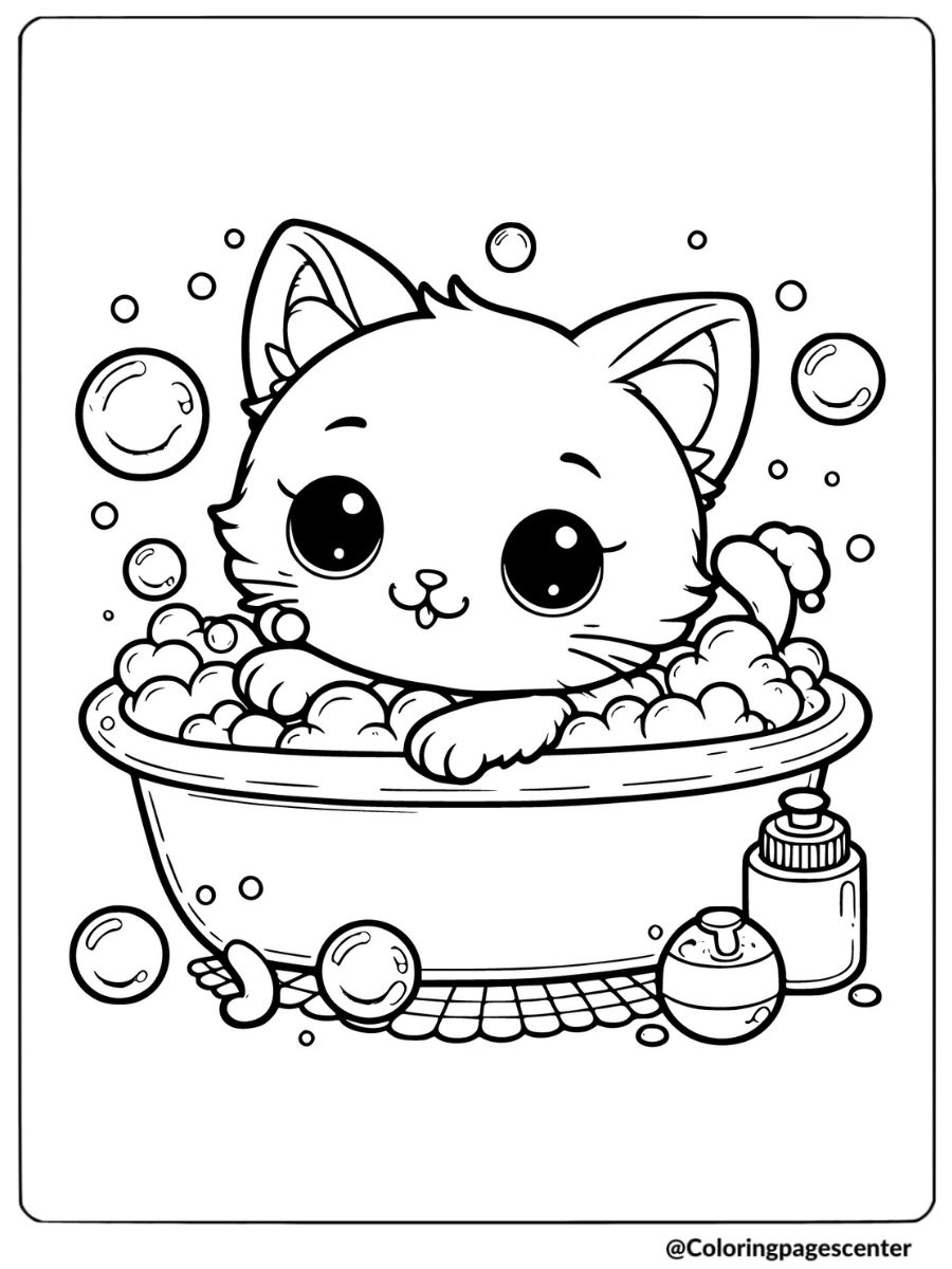 Cute kitty enjoying bath coloring page