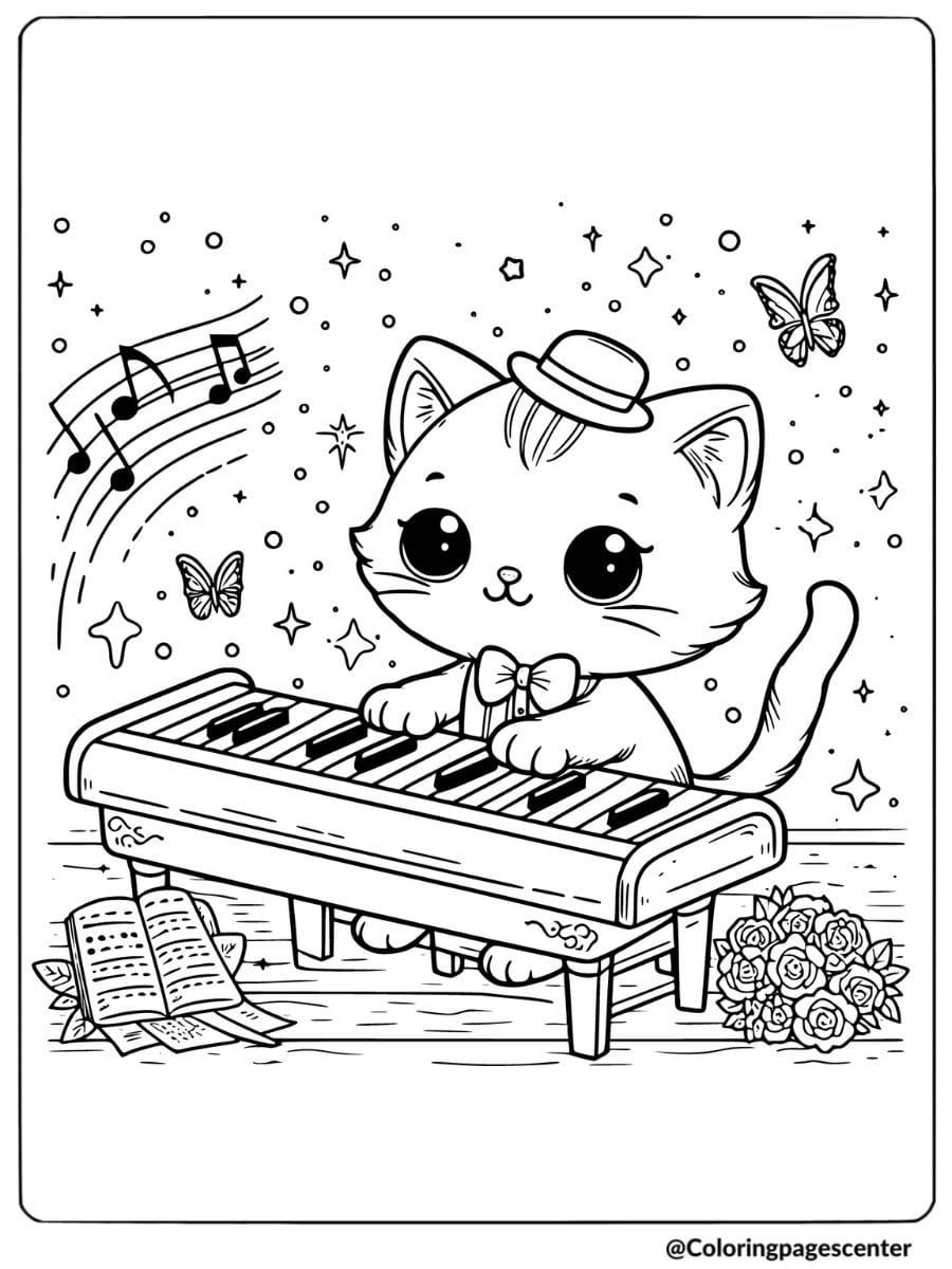 Cute kitty at piano coloring page