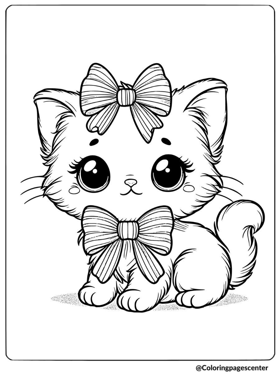 Cute kitty wearing bows coloring page