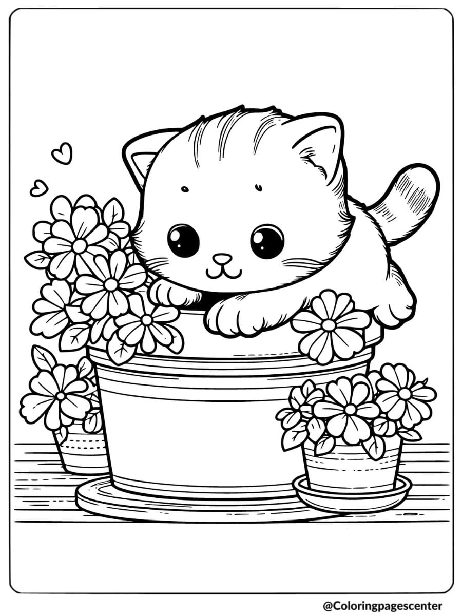 Cute kitty playing with flowers coloring page