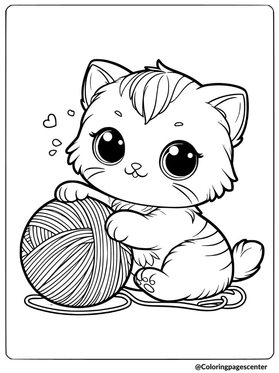 Cute kitty playing with yarn coloring page