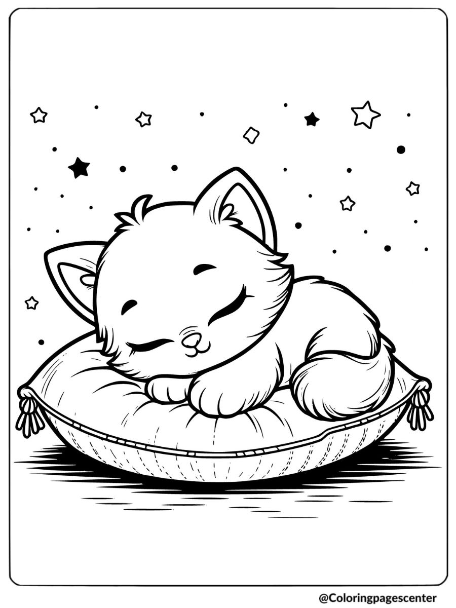 Cute kitty resting on pillow coloring page