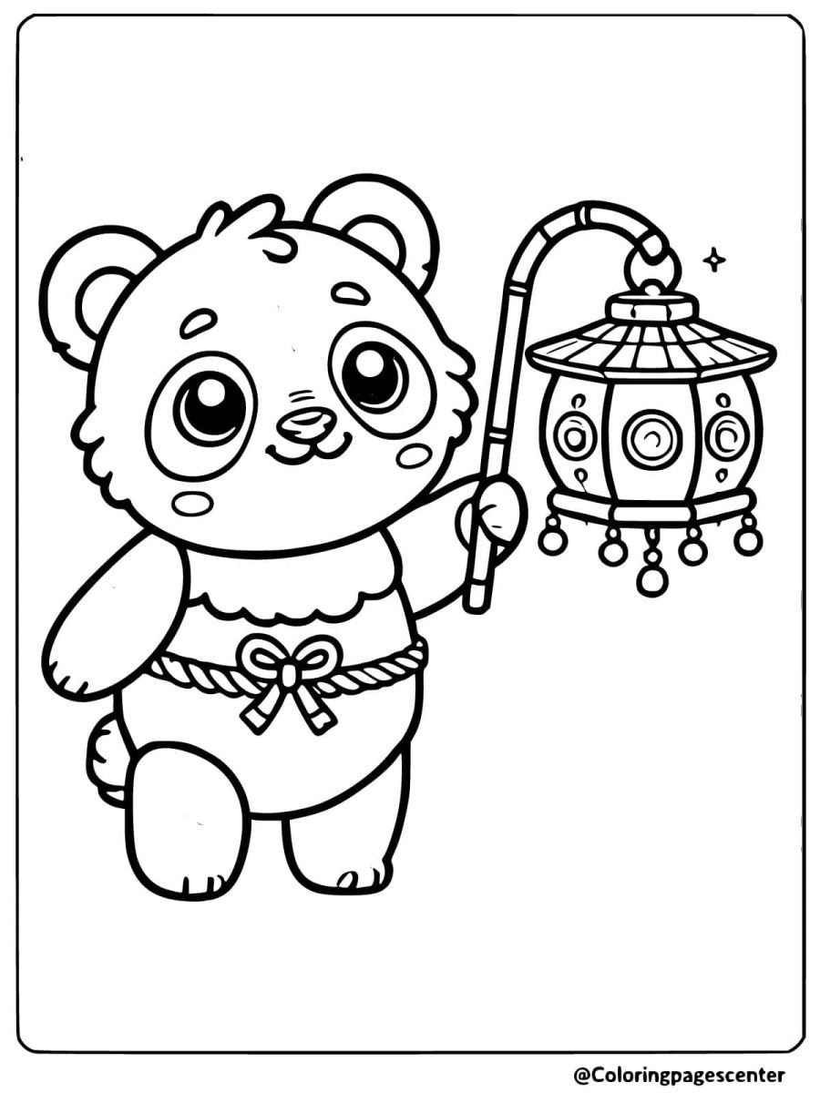 Cute panda with a lantern coloring page