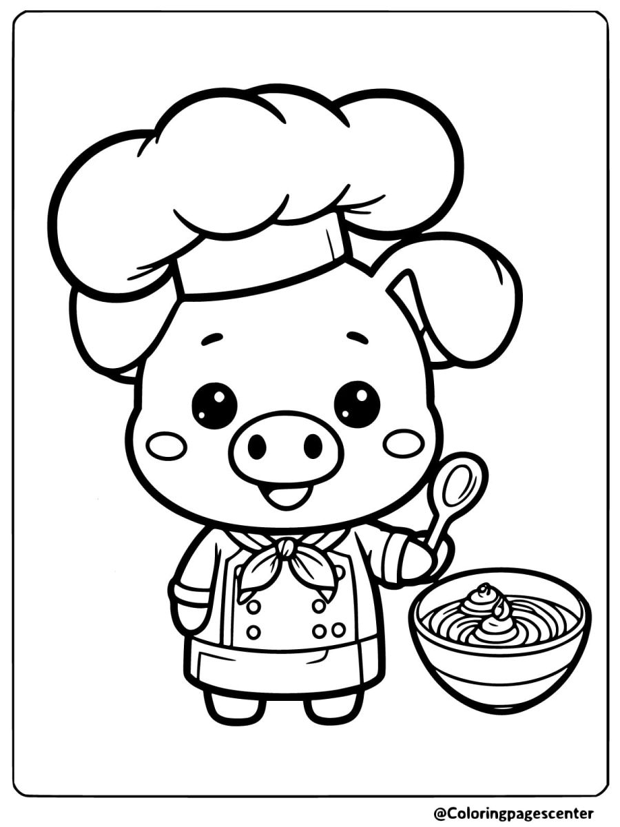 Cute pig dressed as a chef holding a bowl coloring page