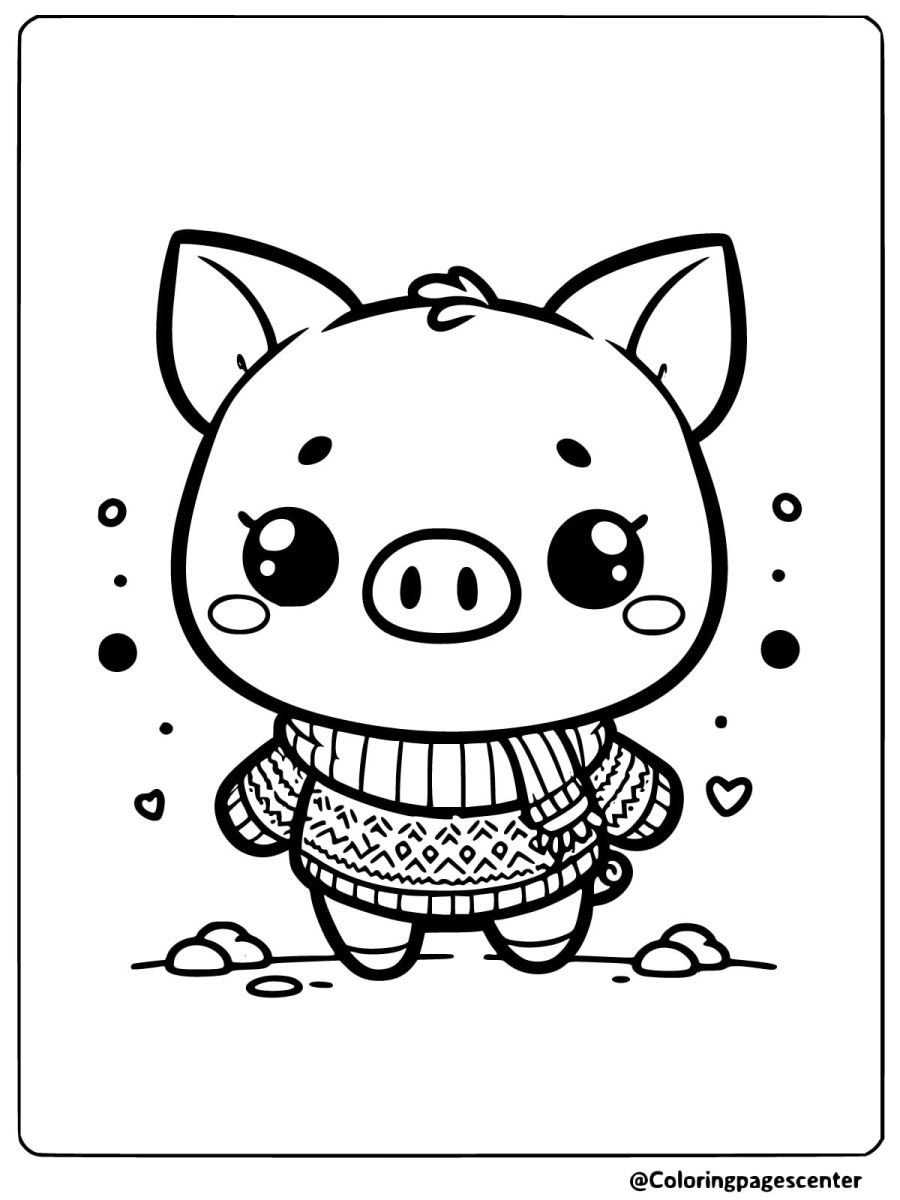 Adorable cute pig wearing a cozy sweater coloring page