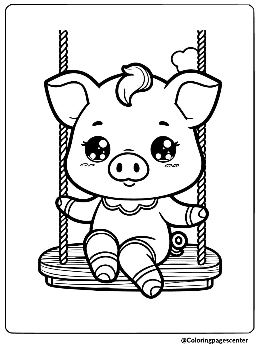 Cute pig sitting on a swing coloring page