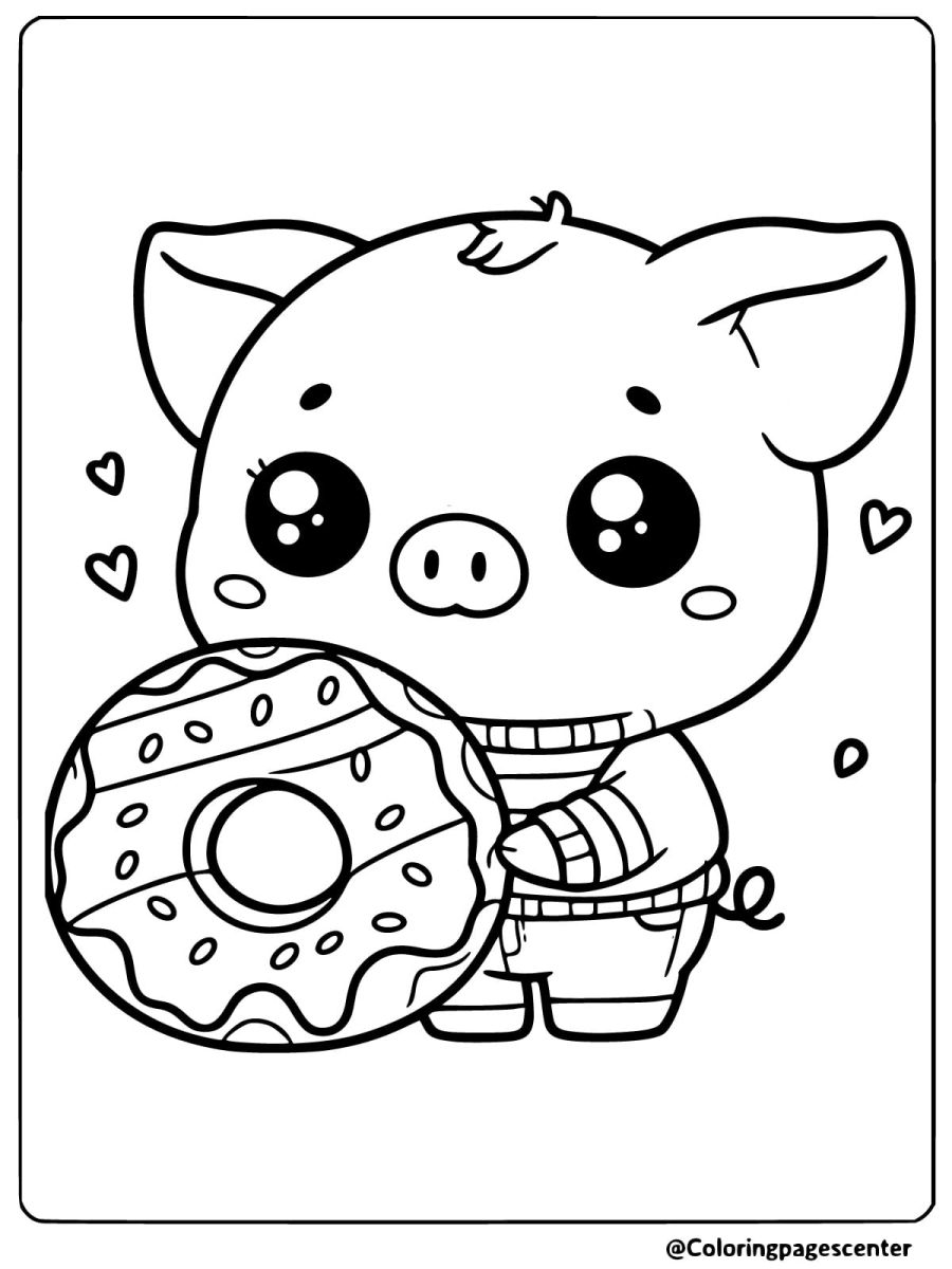 Cute pig holding a big donut coloring page