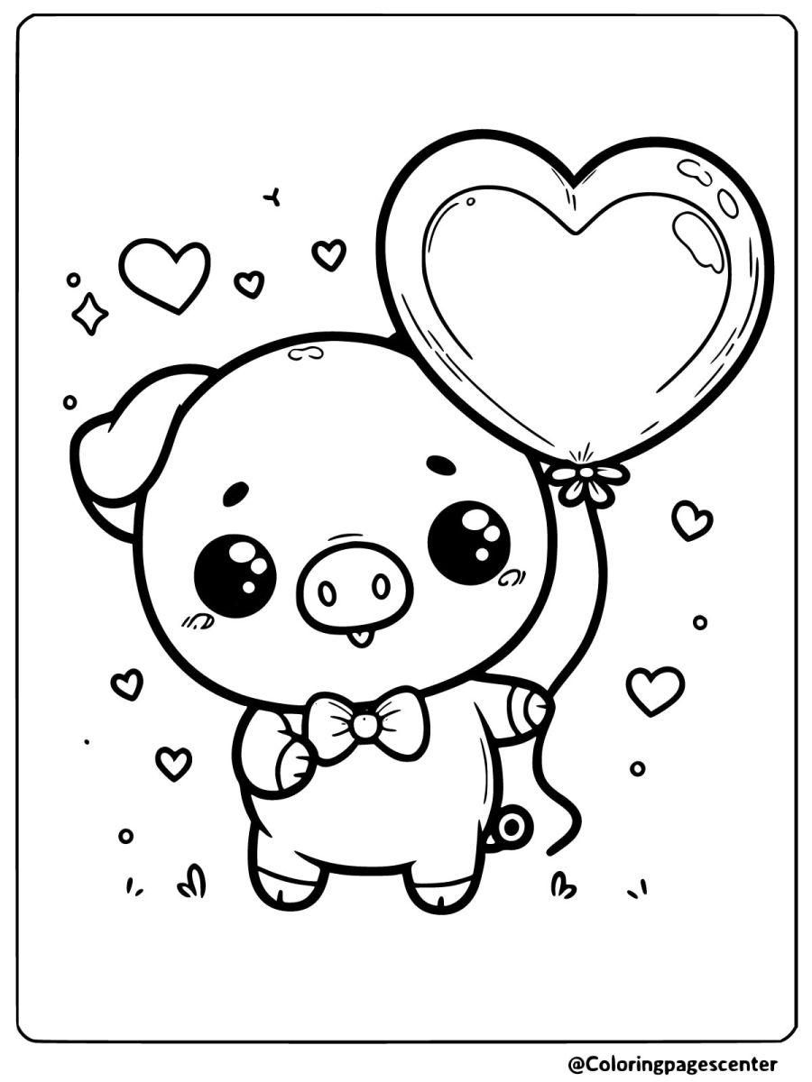 Cute pig holding a heart-shaped balloon coloring page