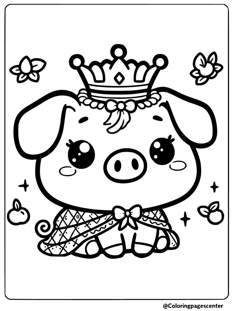 Cute pig with crown and royal outfit coloring page