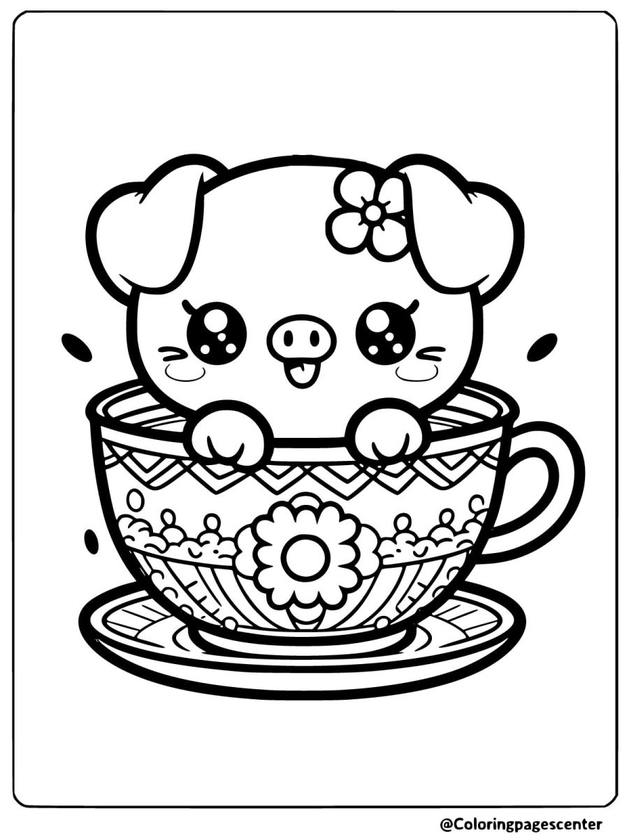 Kawaii pig sitting in a decorated teacup coloring page