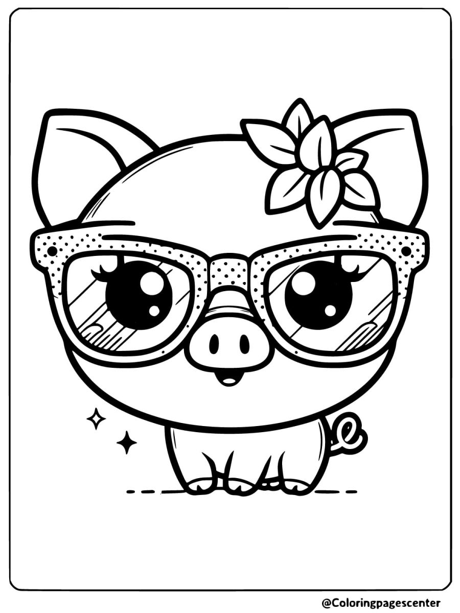 Kawaii pig wearing glasses and a flower coloring page