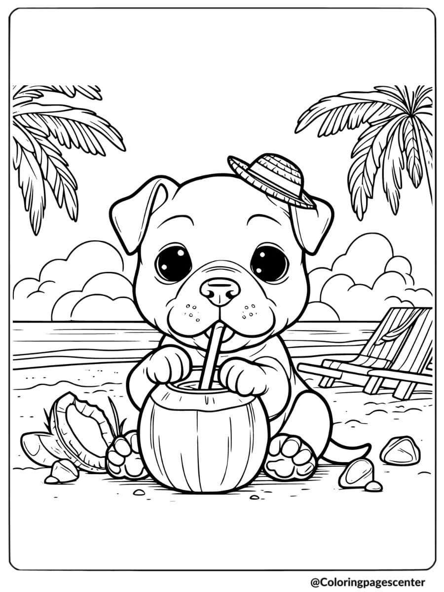 Coloring page of a cute pitbull drinking coconut on the beach