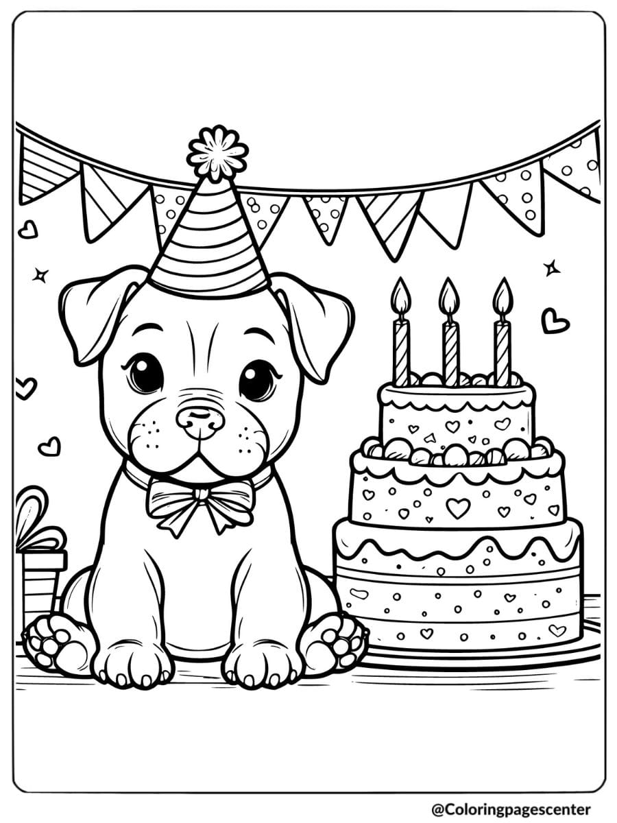 Coloring page of a cute pitbull celebrating birthday with a cake