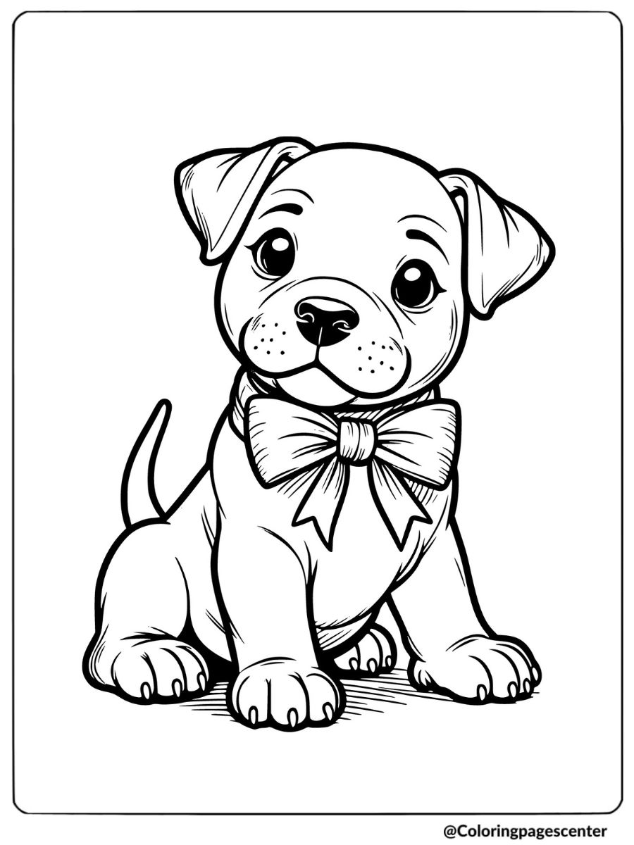 Coloring page of a cute pitbull with a bowtie sitting down