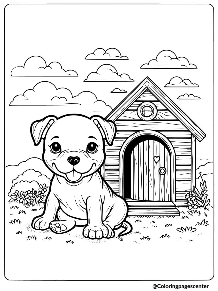 Coloring page of a cute pitbull sitting by a doghouse