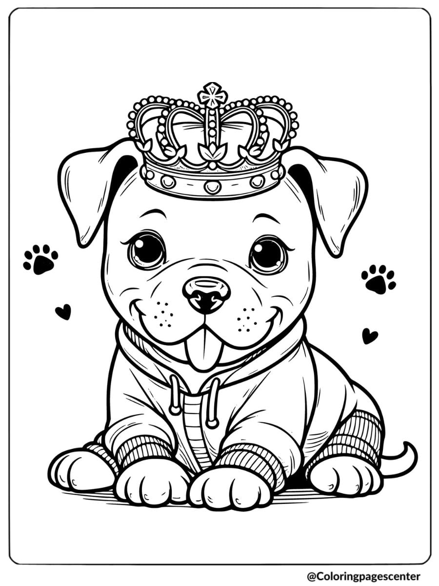 Coloring page of a cute pitbull with a crown perfect for kids