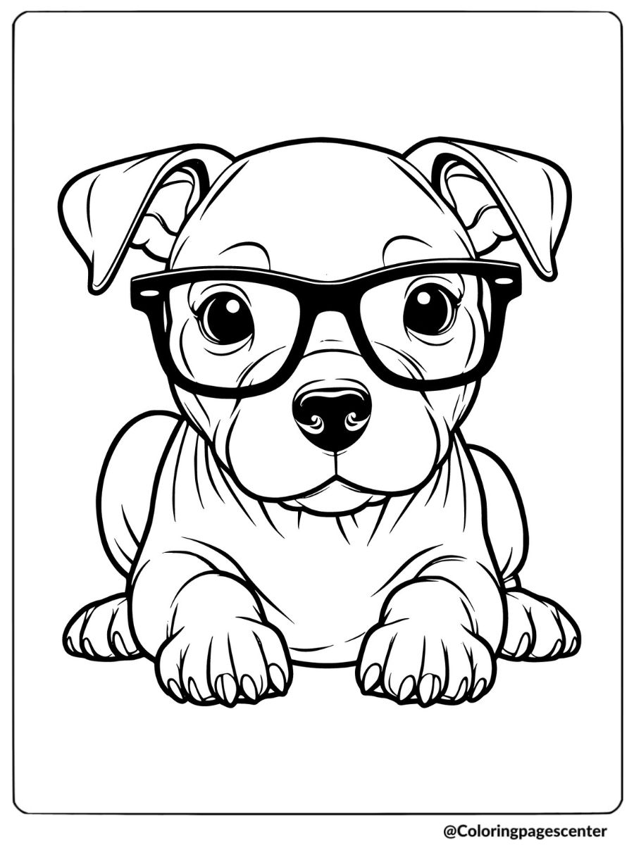 Coloring page of a cute pitbull wearing glasses and relaxing