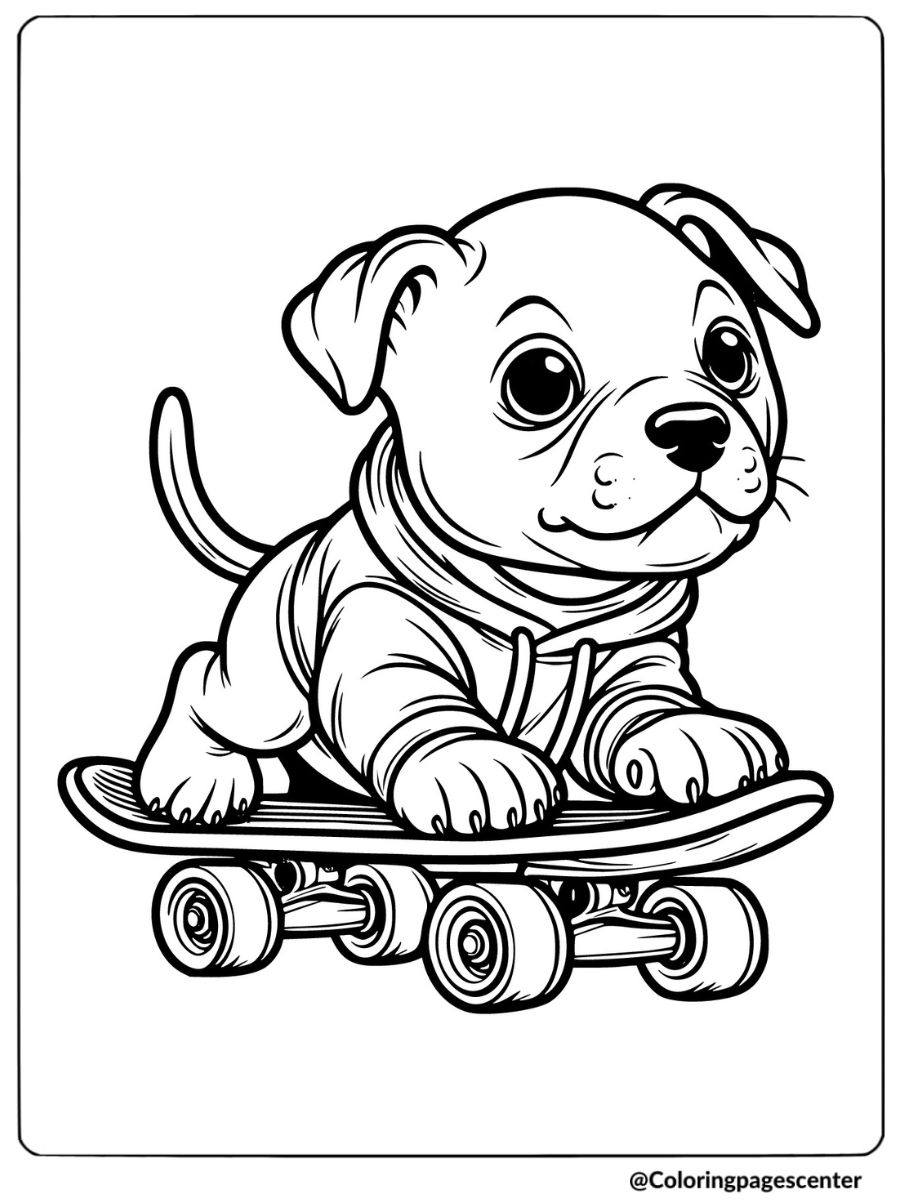 Coloring page of a cute pitbull riding a skateboard