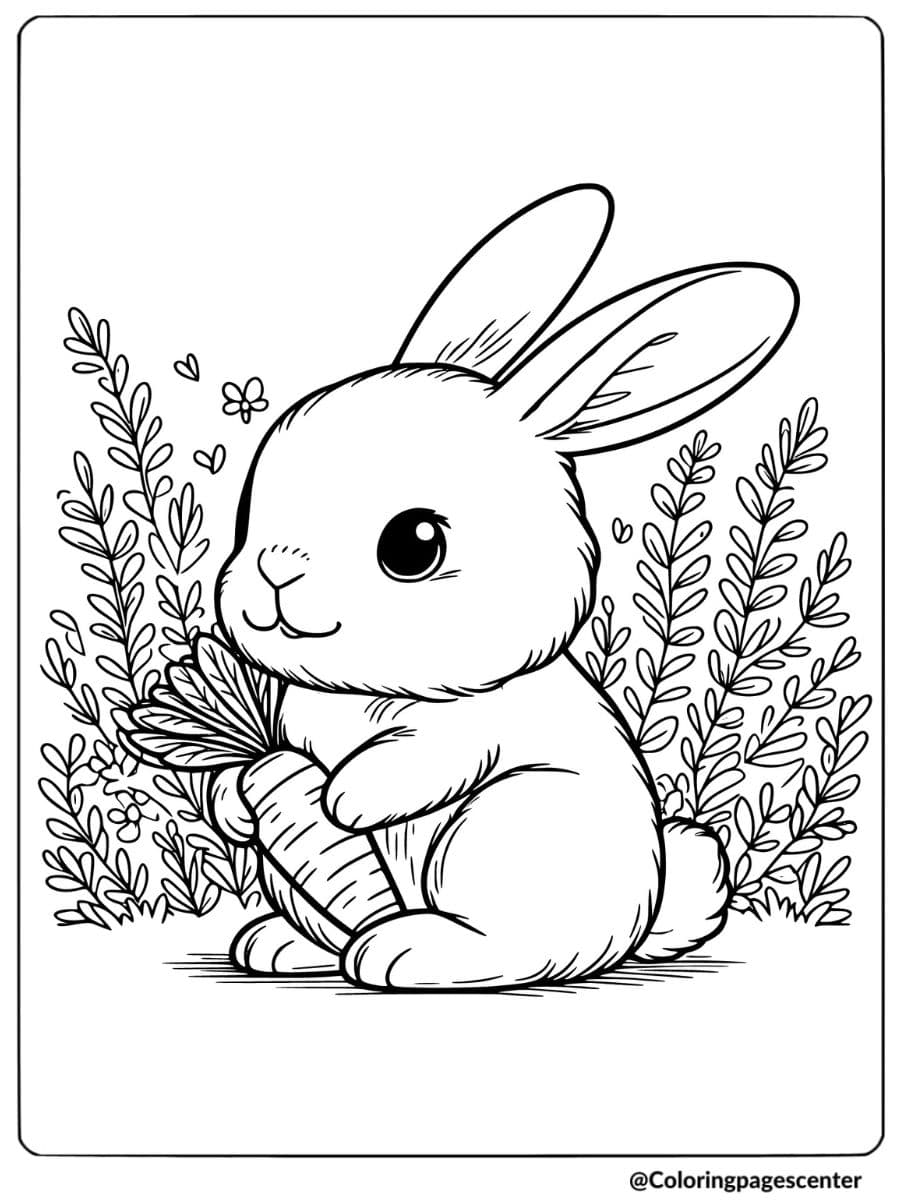 Cute rabbit hugging a carrot in a garden coloring page