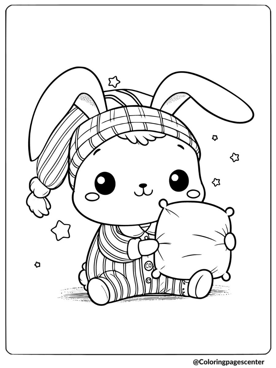 Cute rabbit in pajamas holding a pillow coloring page