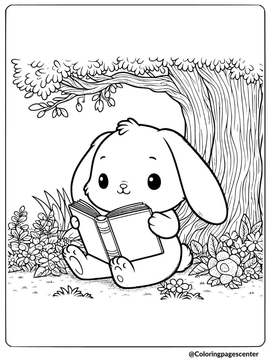 Cute rabbit reading a book under a tree coloring page