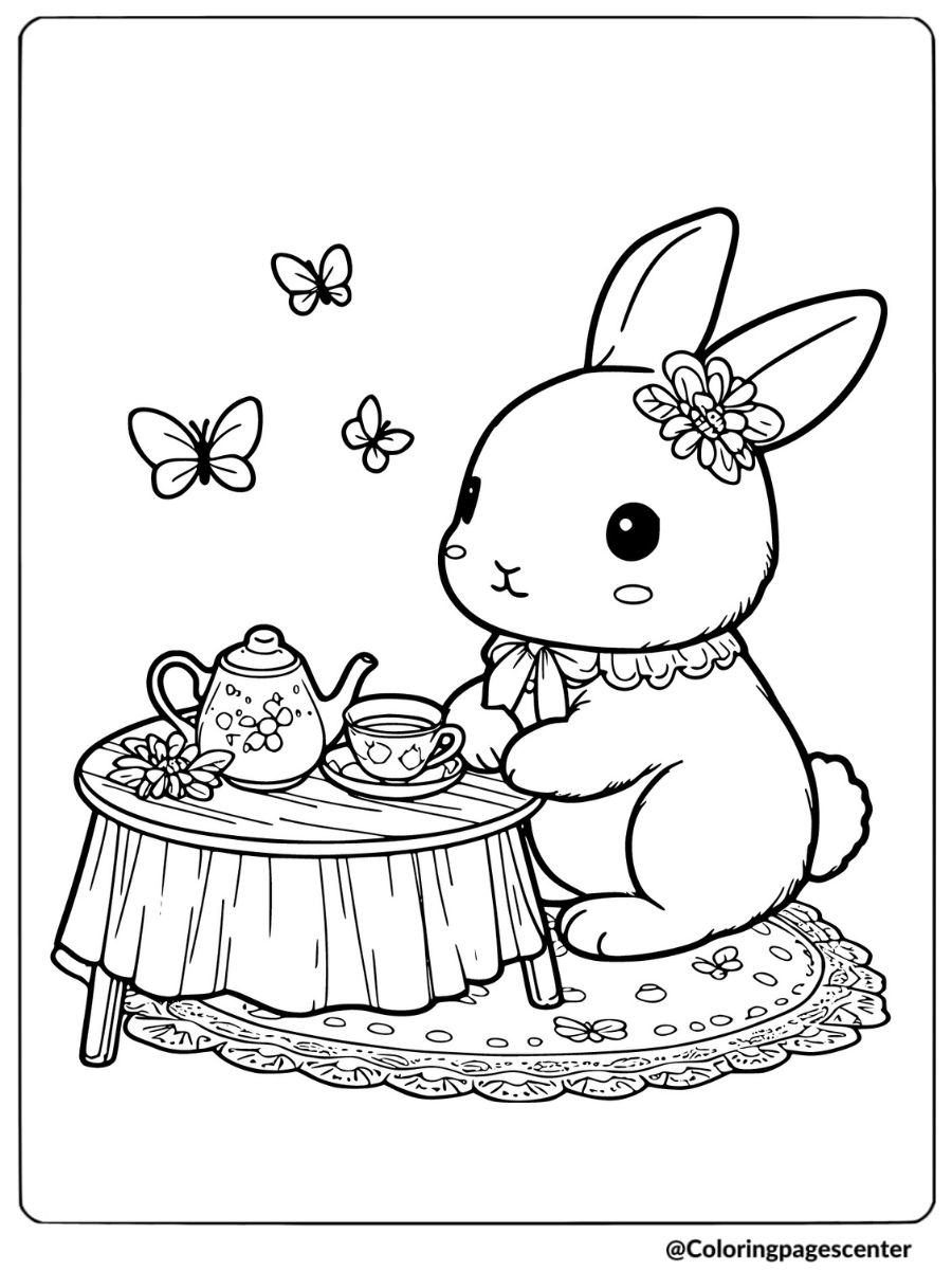 Cute rabbit having tea with butterflies coloring page