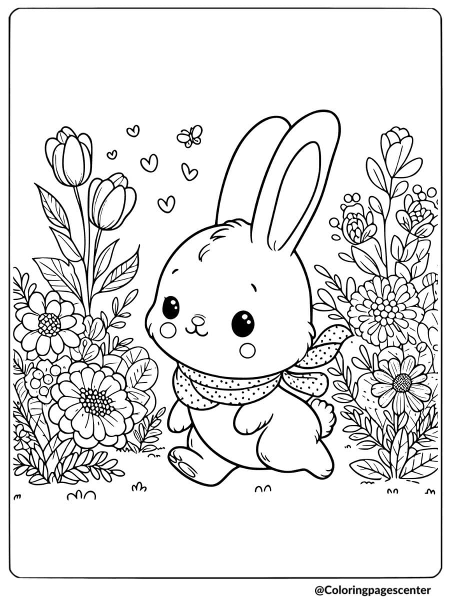 Cute rabbit strolling happily among flowers coloring page