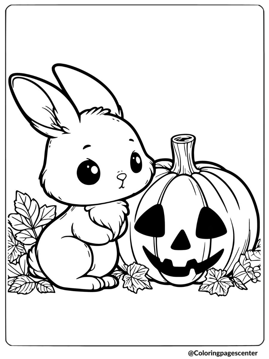 Cute rabbit sitting next to a carved pumpkin coloring page