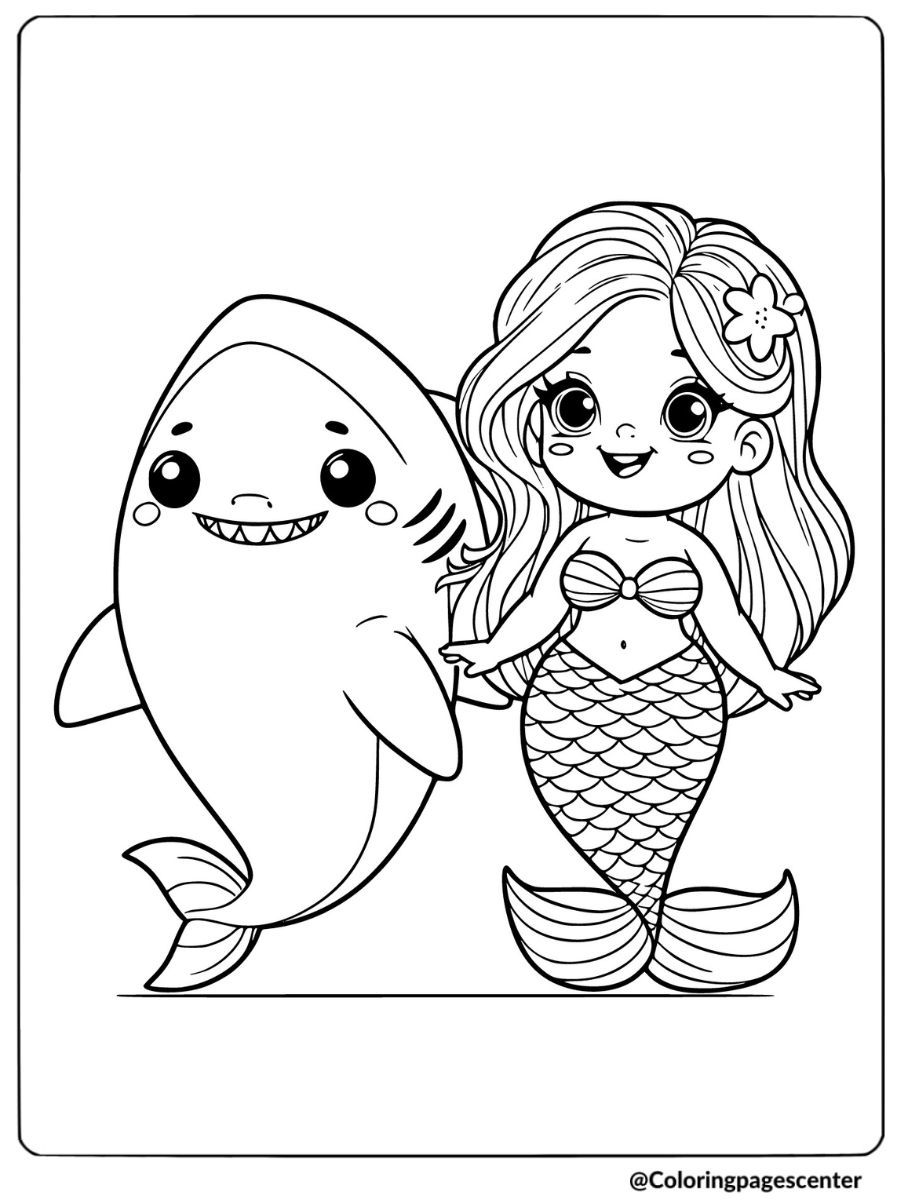 Cute shark and mermaid holding hands coloring page