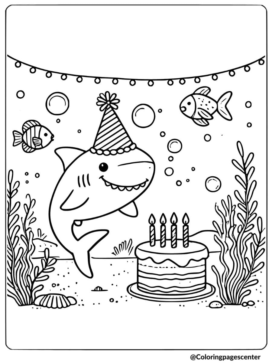 Cute shark celebrating birthday with cake coloring page