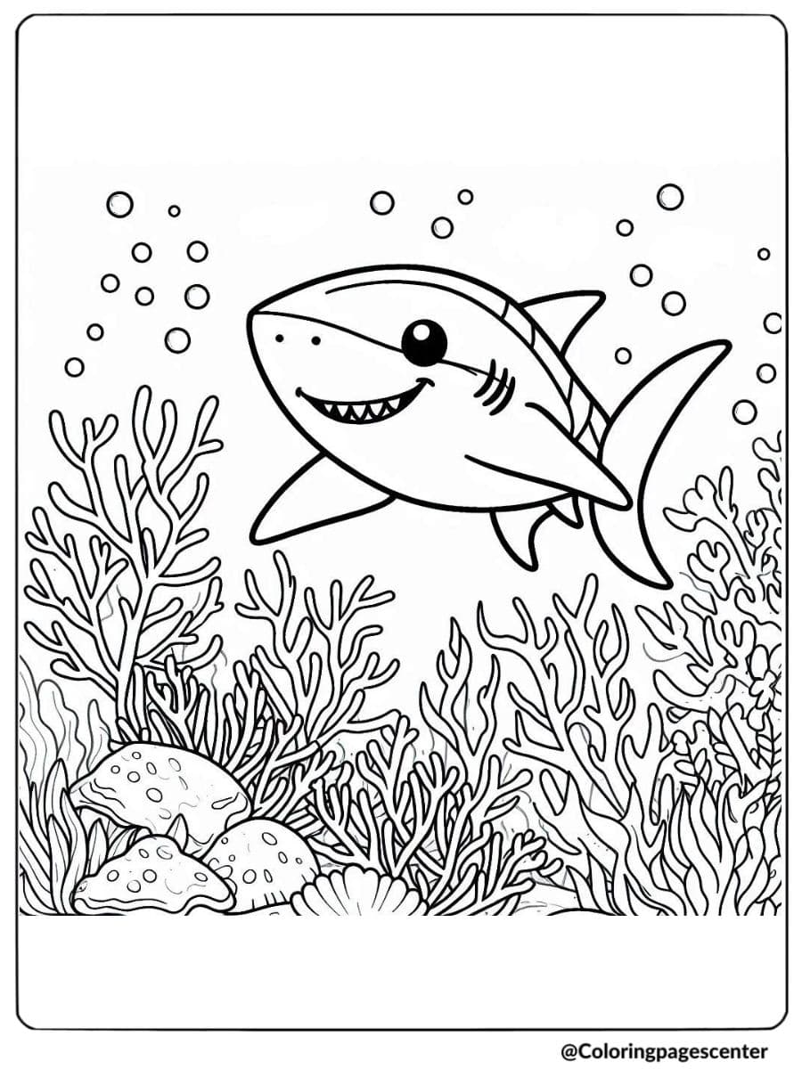 Cute shark swimming in a coral reef coloring page