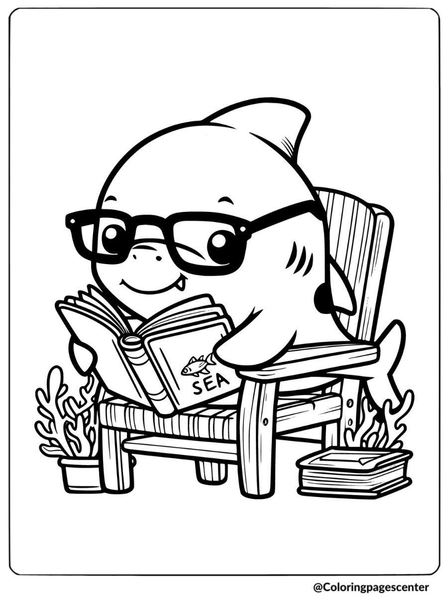 Cute shark with glasses reading a book coloring page