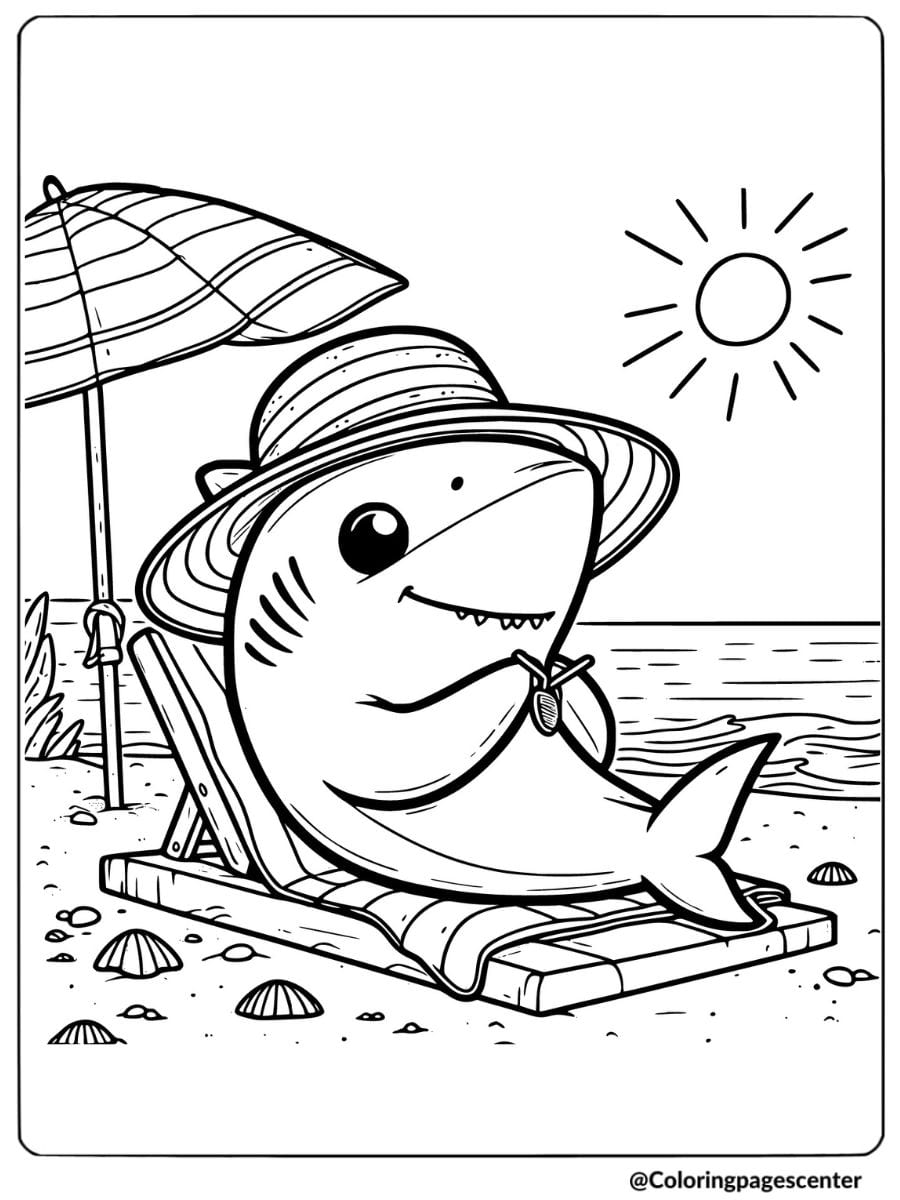 Cute shark relaxing under the sun coloring page