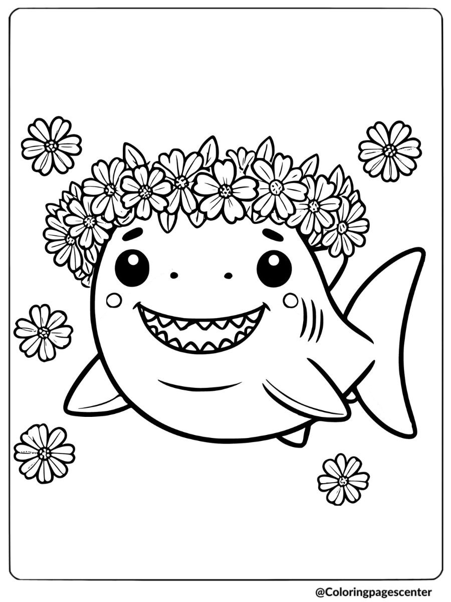 Cute shark with a flower crown smiling coloring page