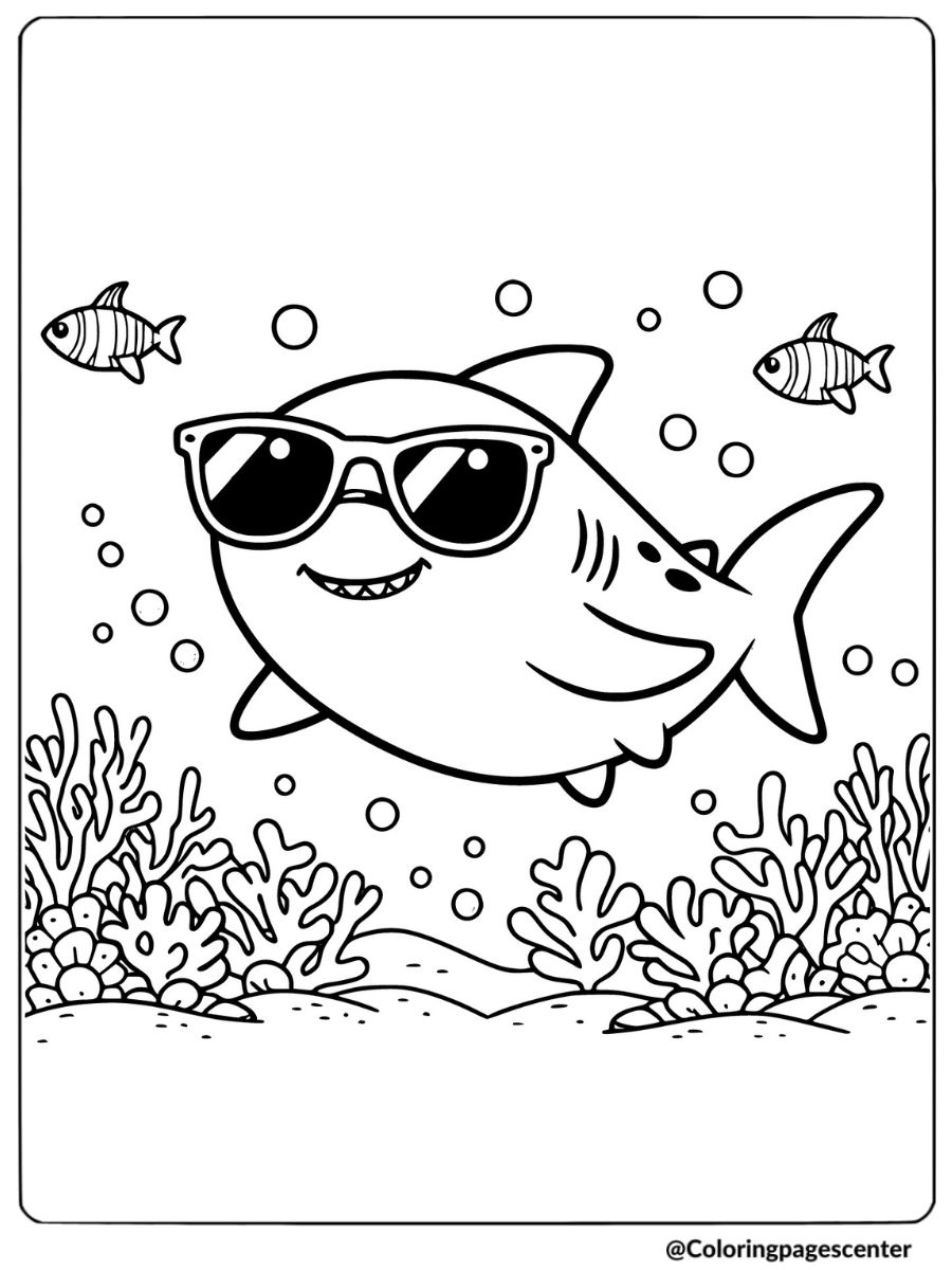 Cute shark wearing sunglasses coloring page