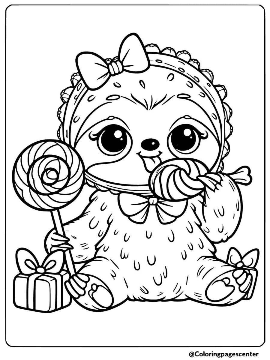 Cute baby sloth with lollipops and gifts coloring page