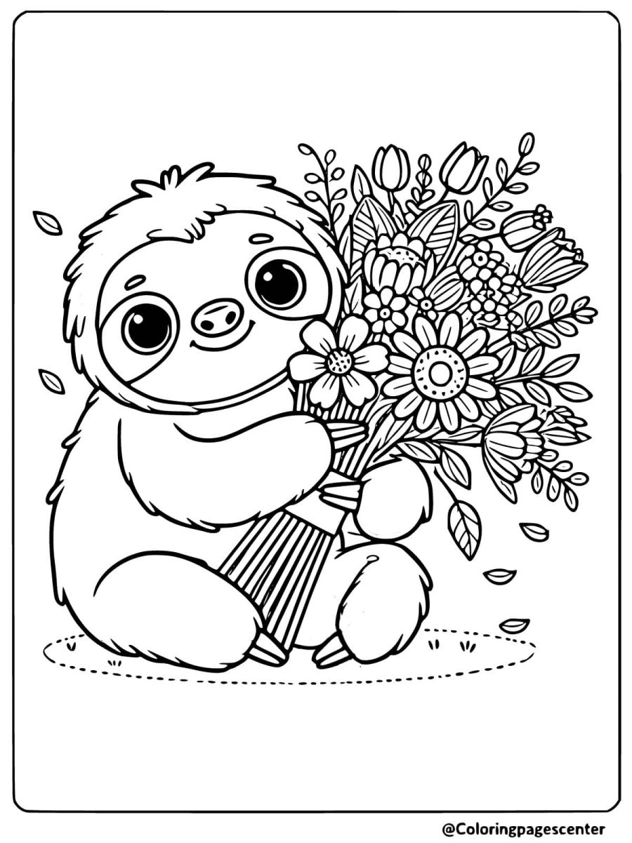 Cute sloth holding a bouquet of flowers coloring page