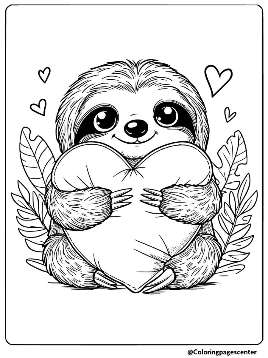 Cute sloth hugging a heart-shaped pillow coloring page