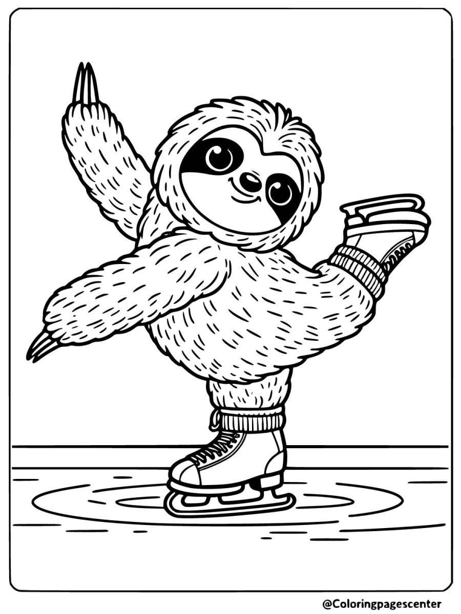 Cute sloth ice skating and showing tricks coloring page