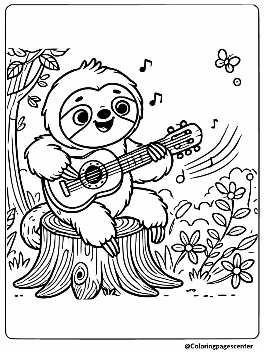 Cute sloth playing guitar on a stump coloring page